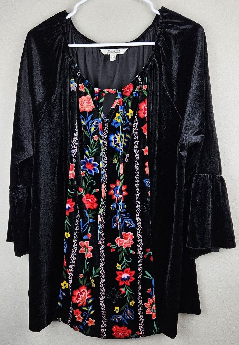 Pioneer Woman Women's XXL 2XL Black Floral Velour Top Shirt Boho Bell Sleeves - Picture 1 of 11